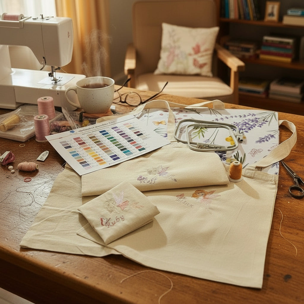 Embroidered fabric with names and butterfly designs, color chart, and embroidery hoop on a table.